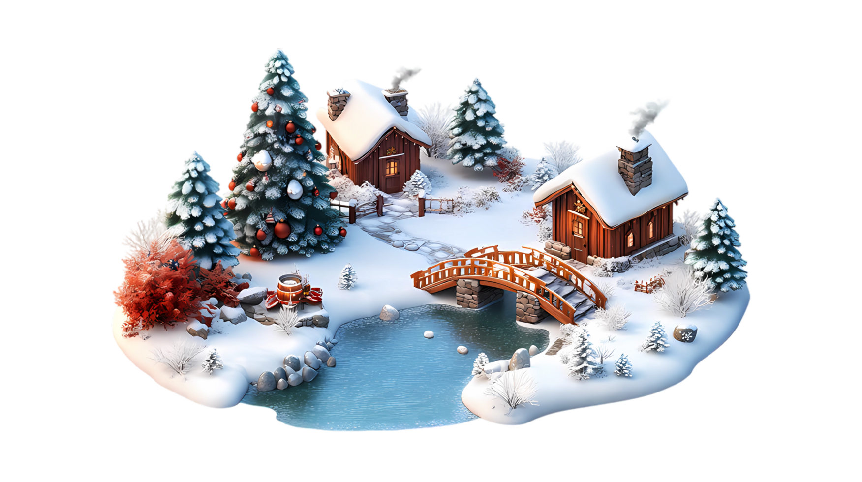 christmas village with houses, trees and a bridge png