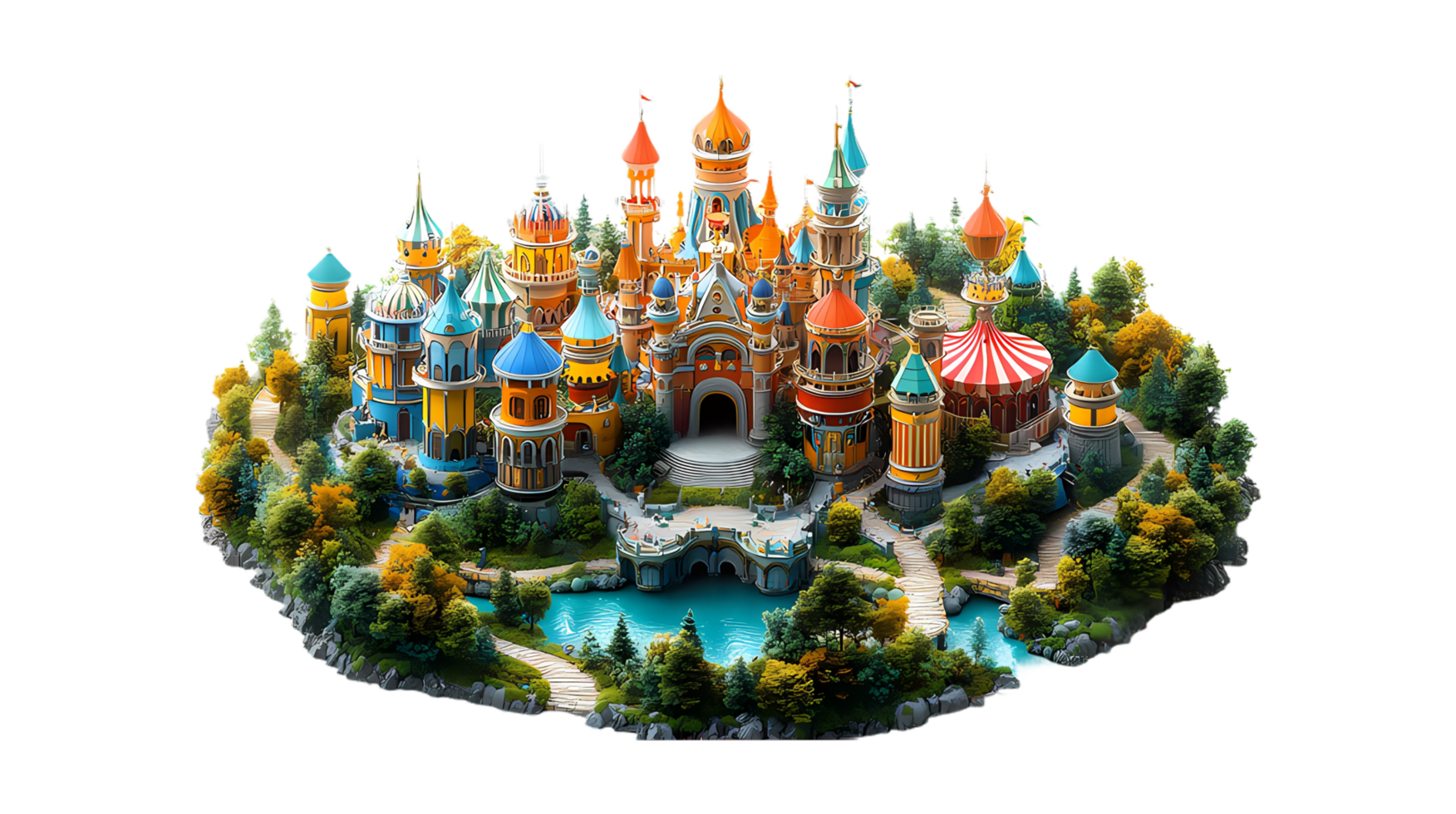isometric style a cartoon castle on a small island png