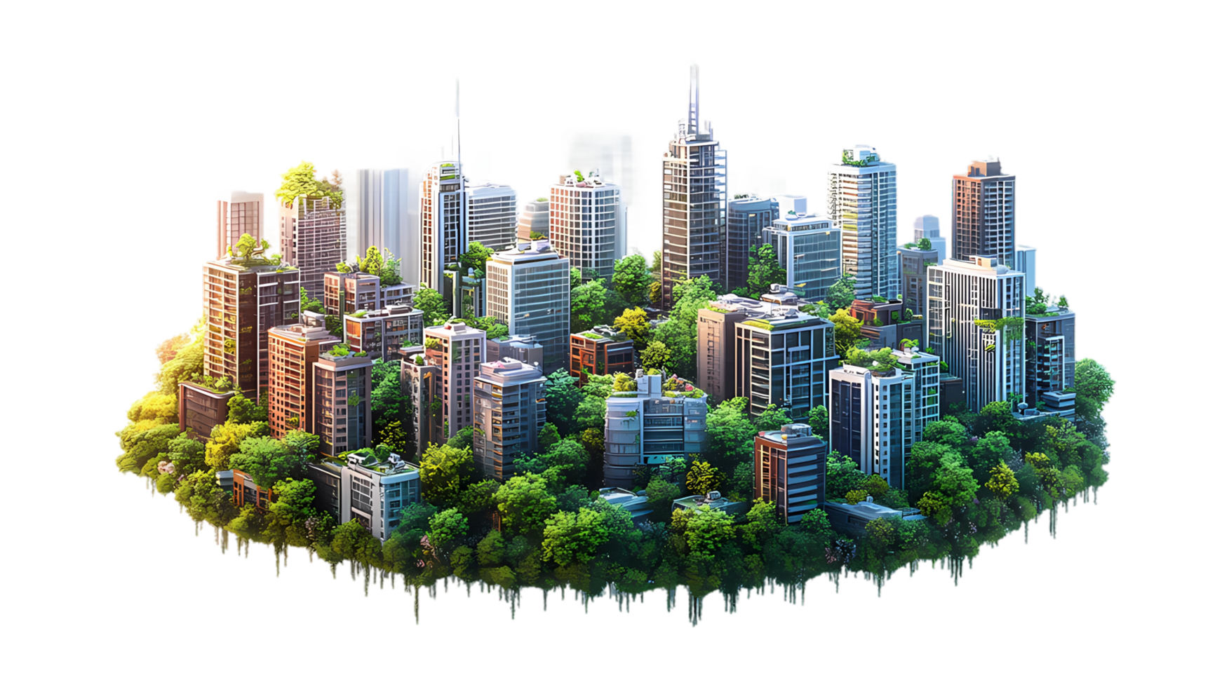 isometric style city with trees and buildings on a transparent background png