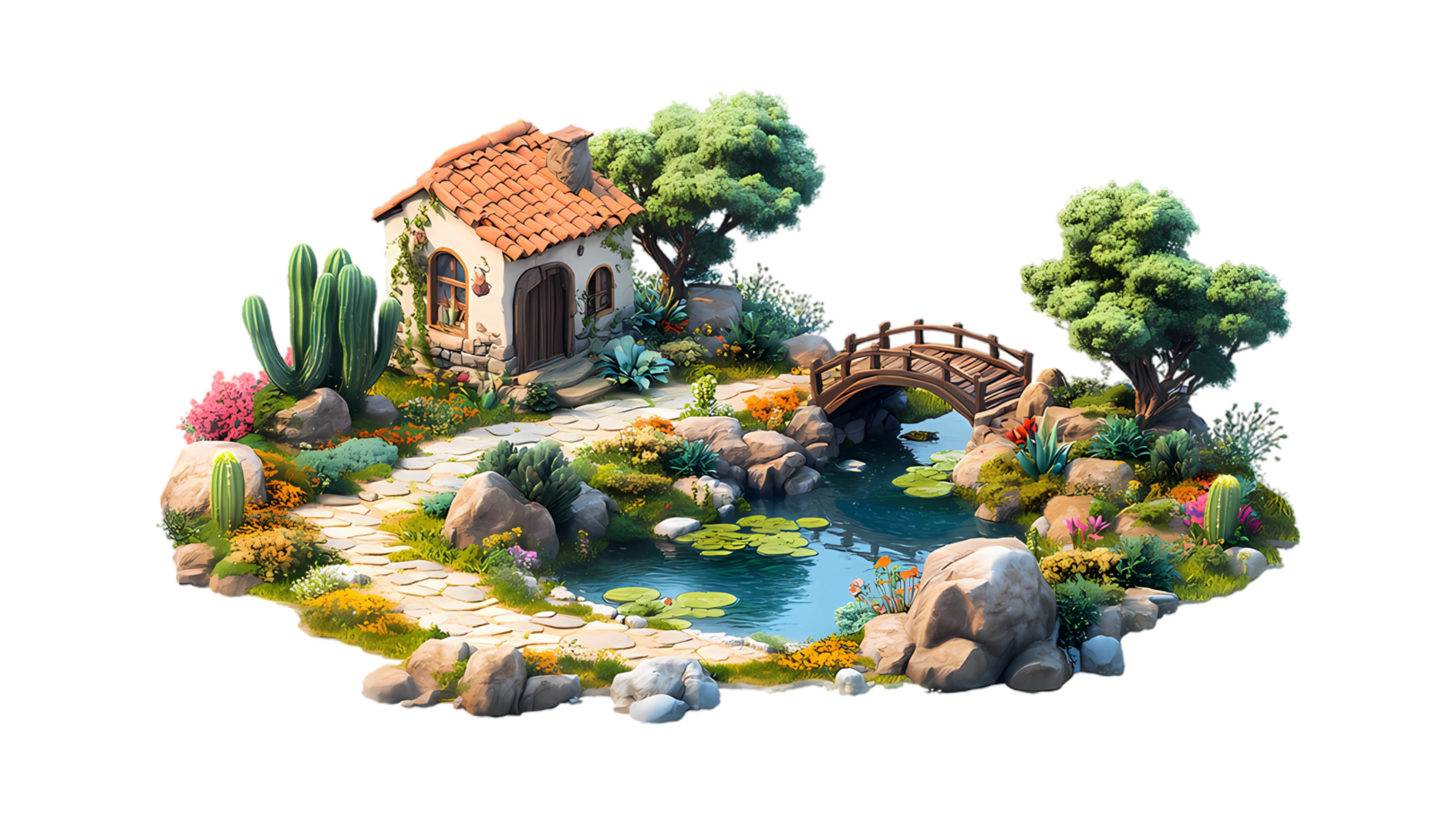 a small house with a bridge and cactus plants png