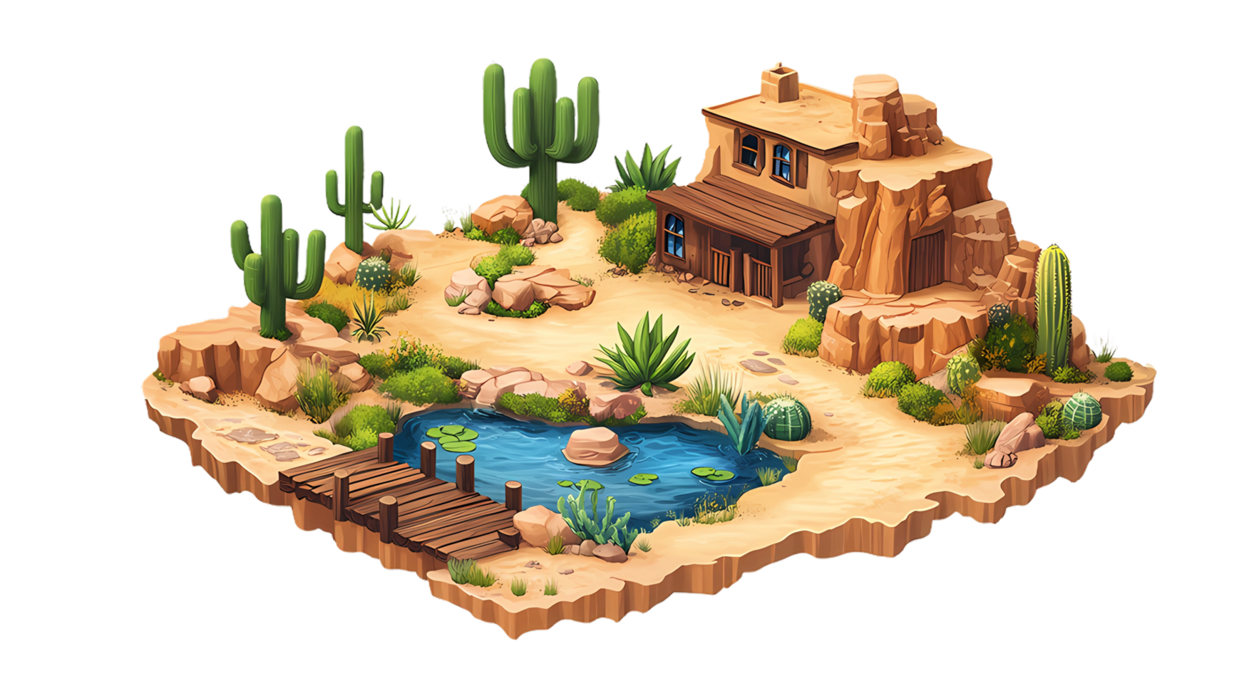 isometric style, an illustration of a desert landscape with a house and cactus png