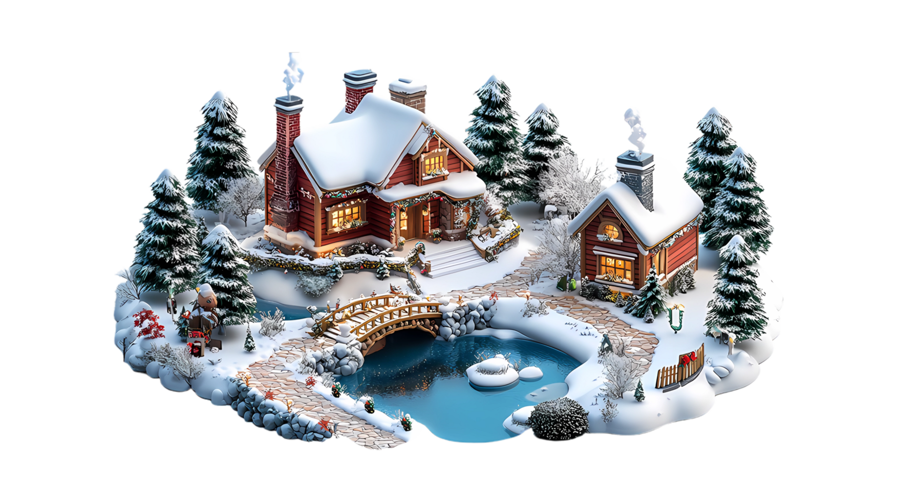 isometric style a christmas village with a house and a bridge png