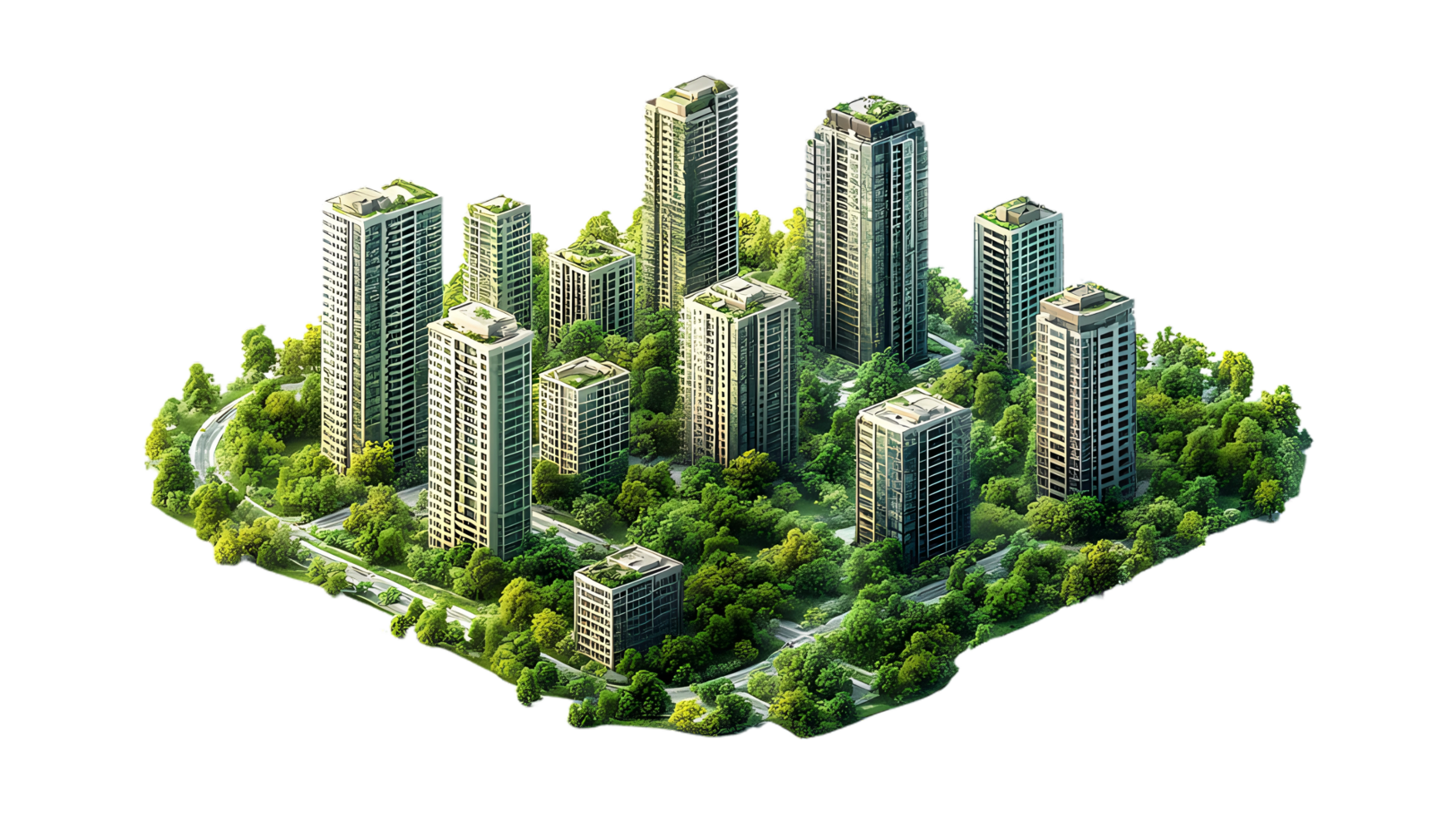 isometric style, an illustration of a city with trees and buildings png