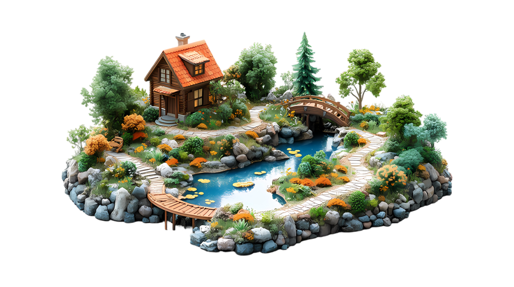 a small house on a small island with a bridge and trees png