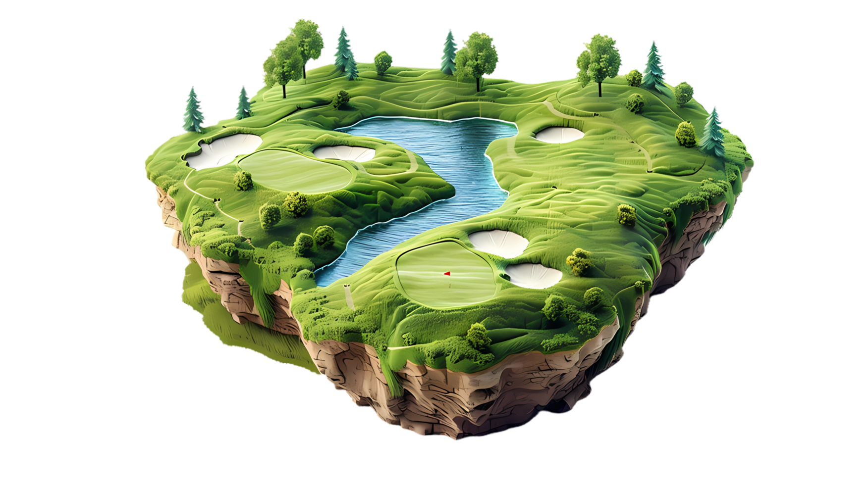 isometric style, golf course island with trees and water on transparent background png