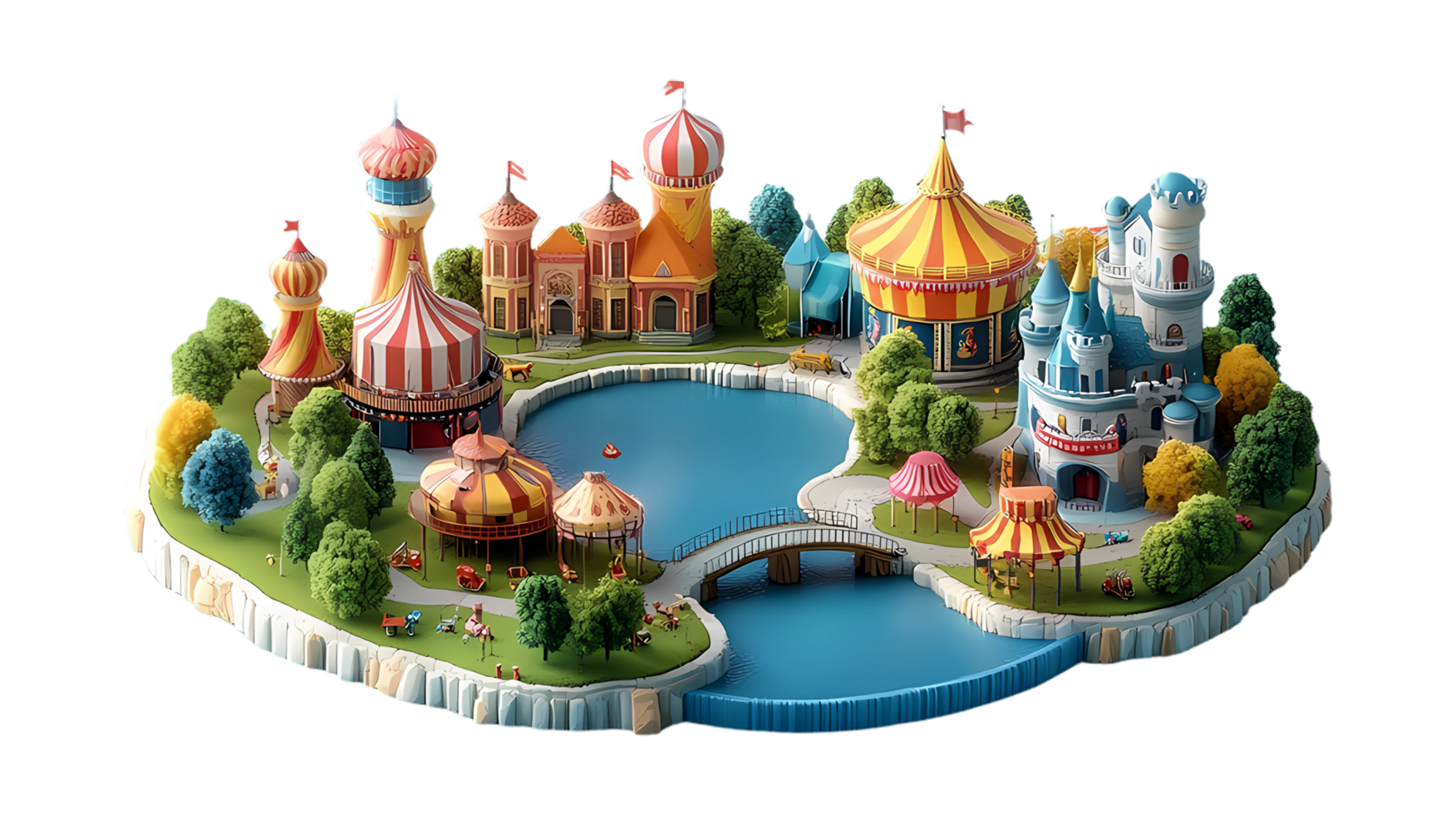 an isometric style illustration of a small town with a circus tent png