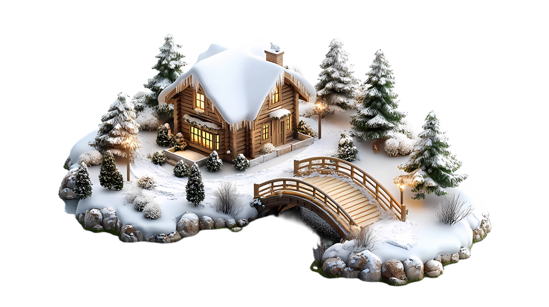 isometric style, a small house in the snow with a bridge png