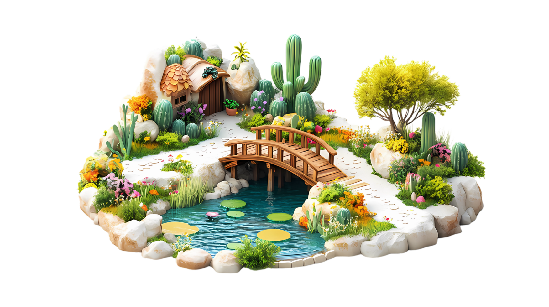 isometric style a garden with a bridge and cactus plants png