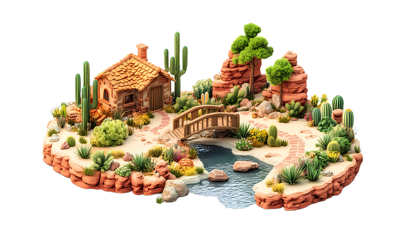 isometric style, a desert landscape with a house, cactus and cactus png