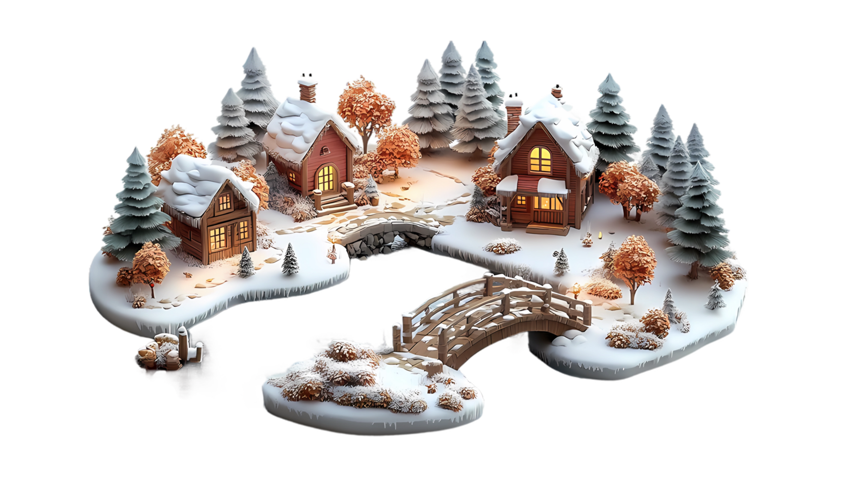 isometric style, a winter christmas village with a bridge and trees png