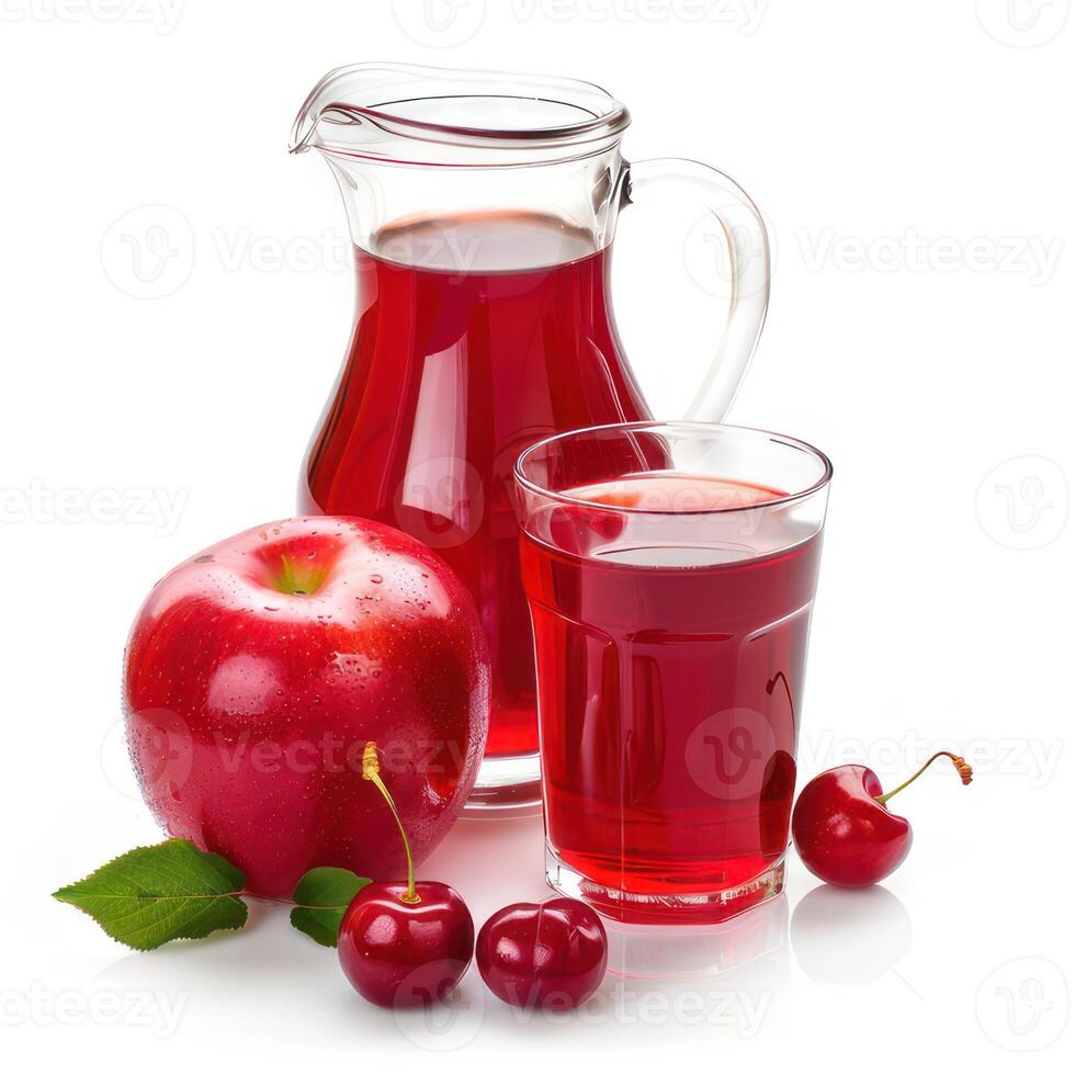 apple and cherry juice in a jug and glass with apple and cherry next to it photo