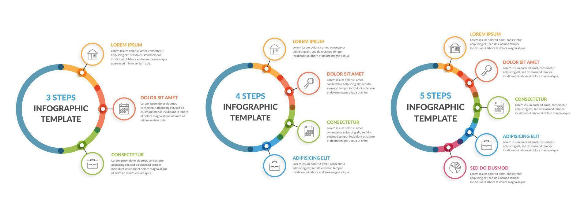 Three infographic templates - 3, 4 and 5 steps, diagrams with icons and text vector