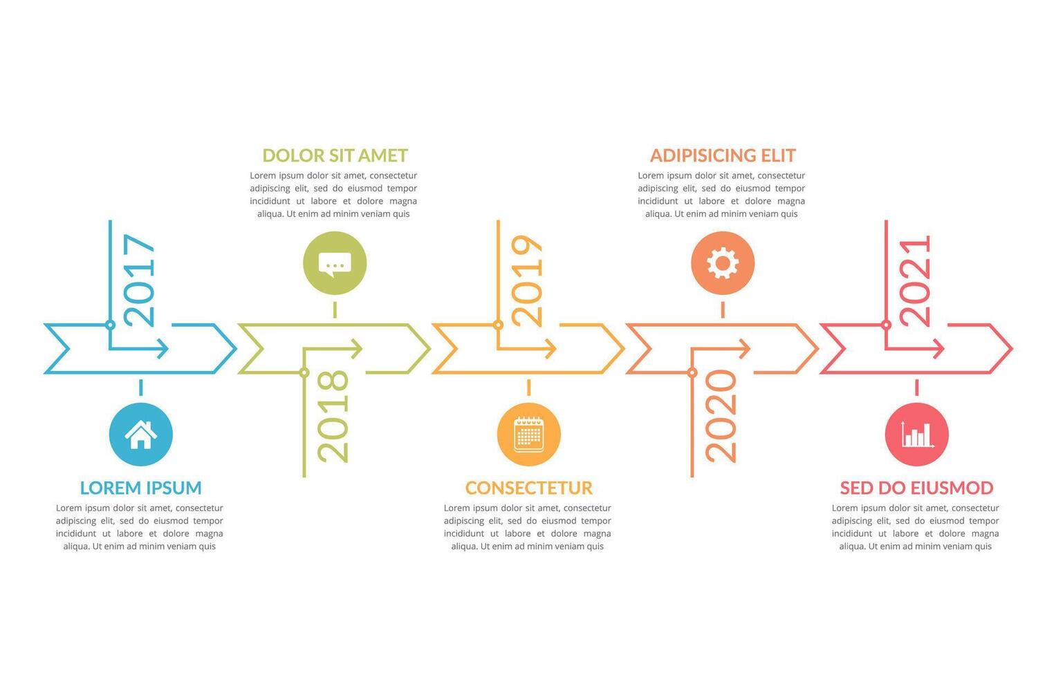 Horizontal timeline template with five arrows vector