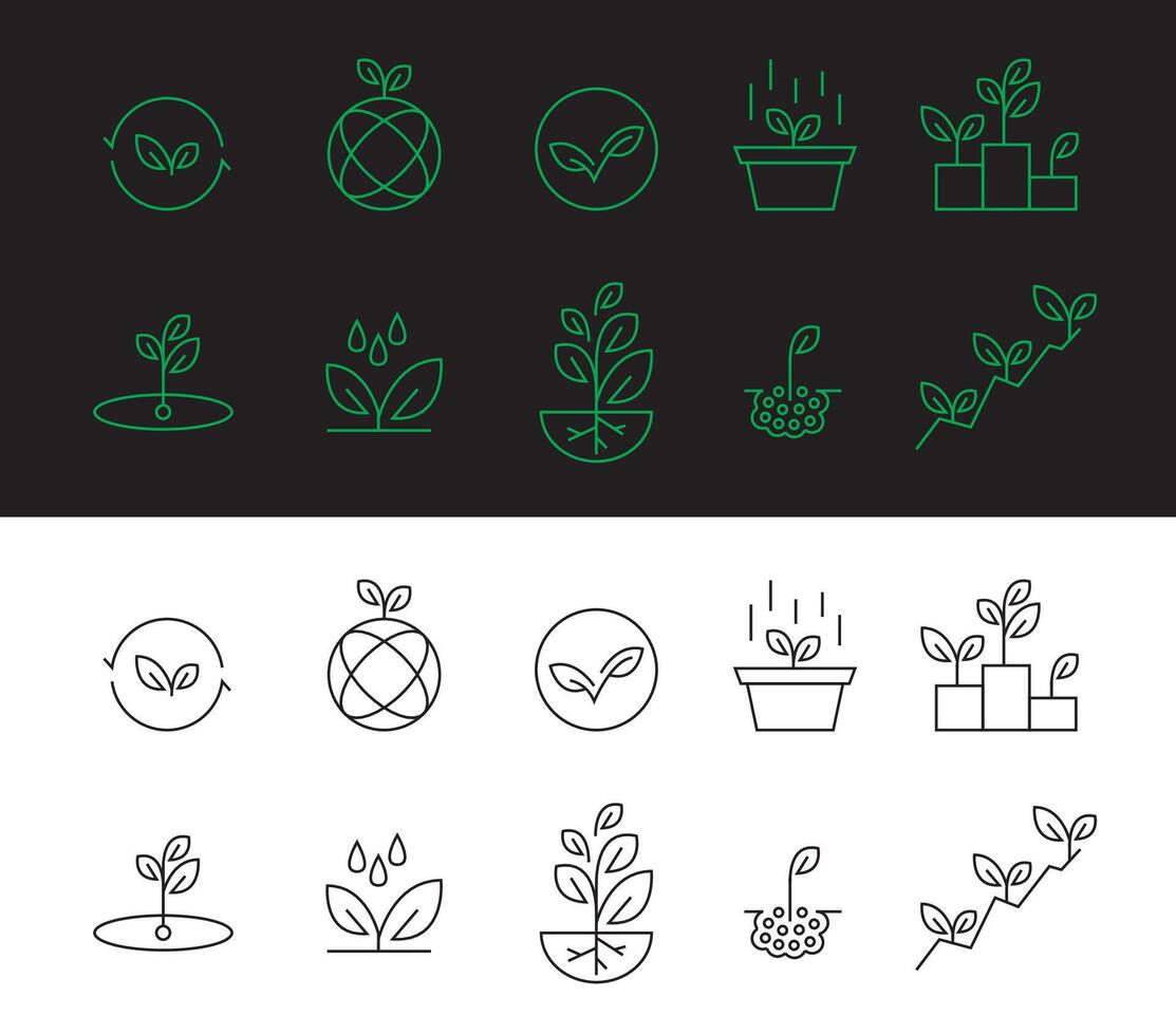 Set of line icons related to upskill, upscaling, personal growth, development, education, career. ecology style, organic business grow, Outline icon collection. Editable stroke. line style vector
