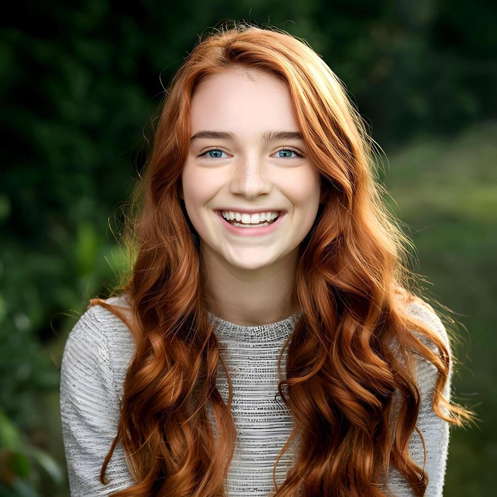 a young woman with long red hair smiling photo