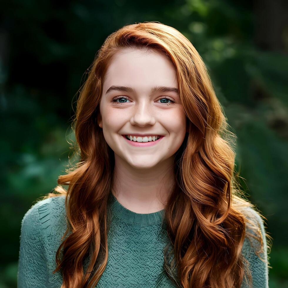 a young woman with long red hair smiling photo
