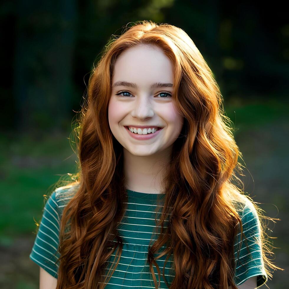 a young girl with long red hair smiling photo