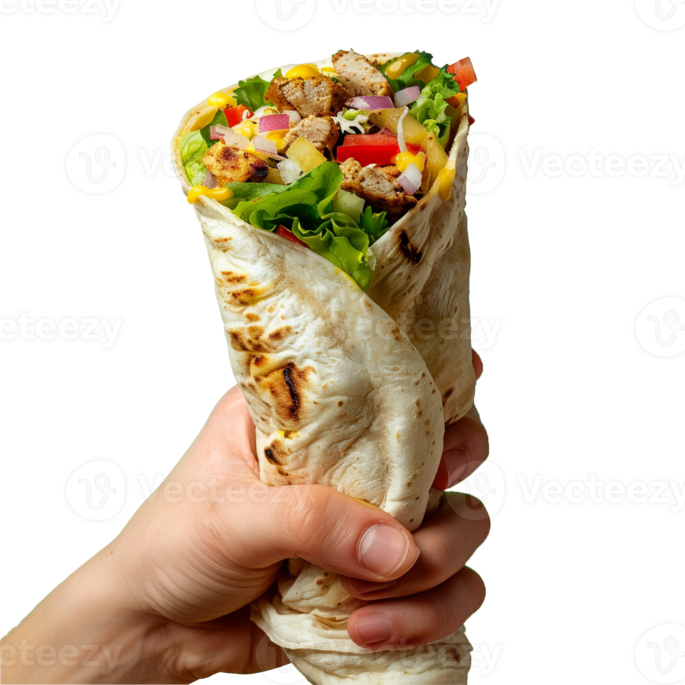 A hand holding shawarma isolated on transparent background, realistic Ai image png