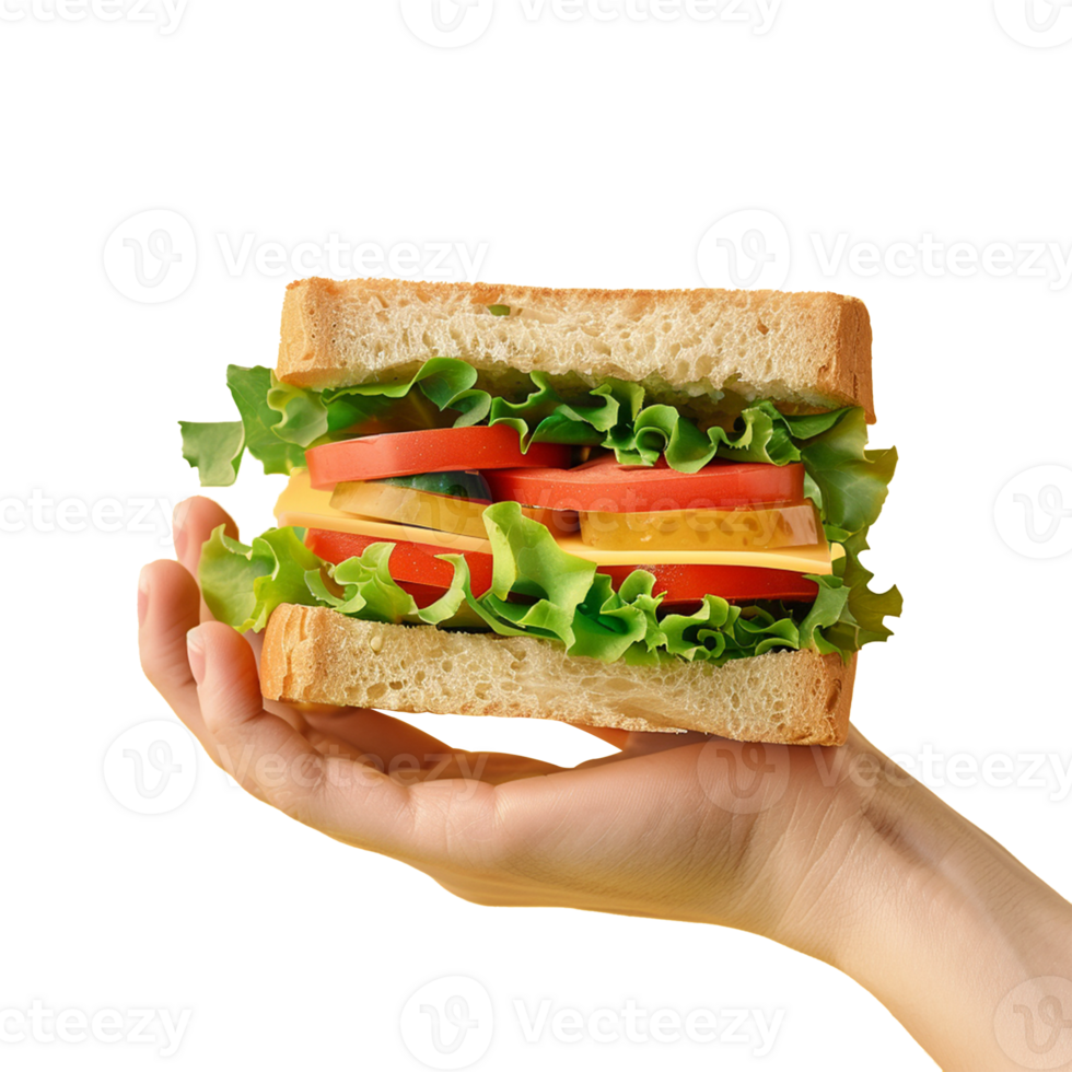 A hand holding sandwich isolated on transparent background, realistic Ai image png