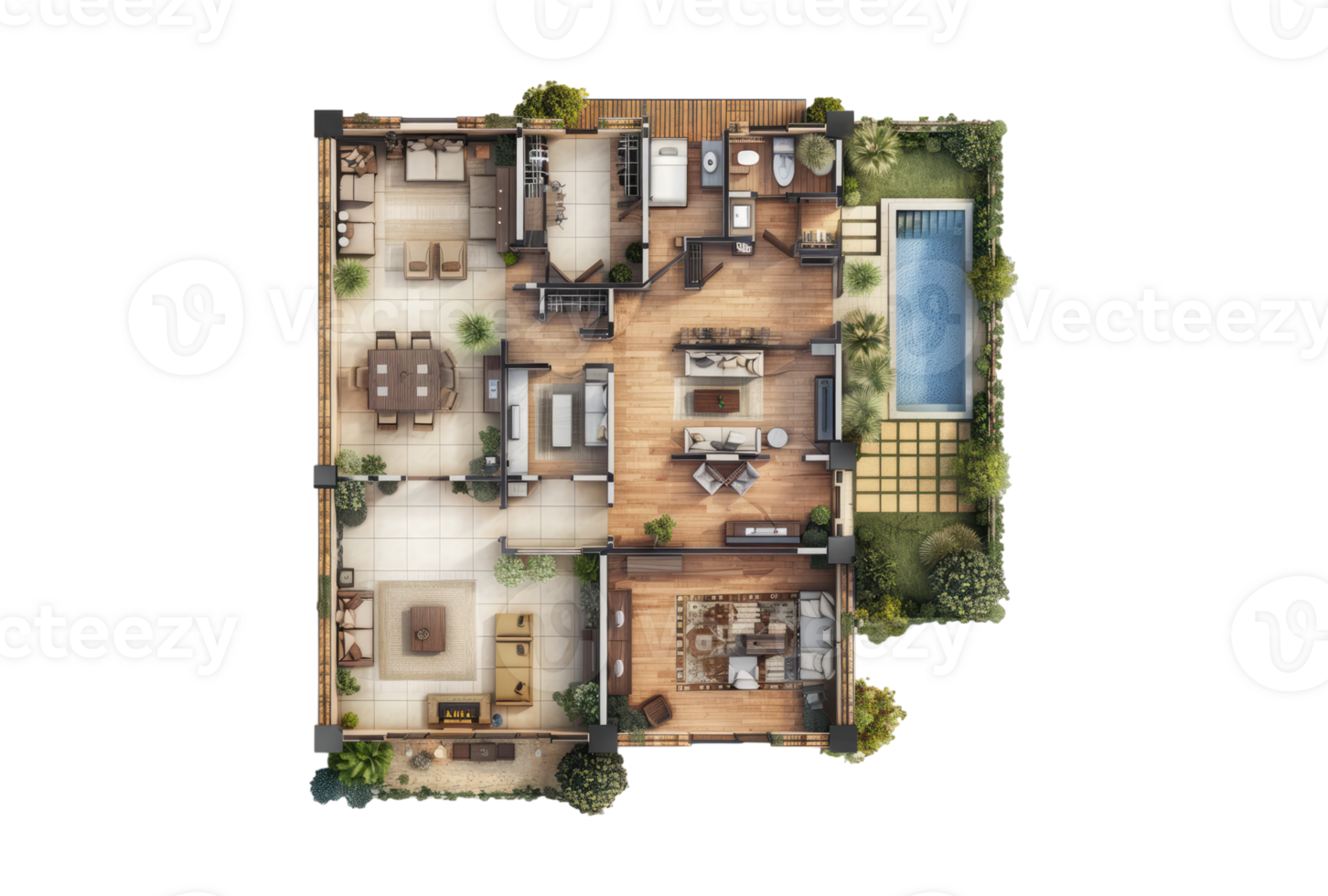 Top view of floor plan of luxury house office building isolated on transparent background. png