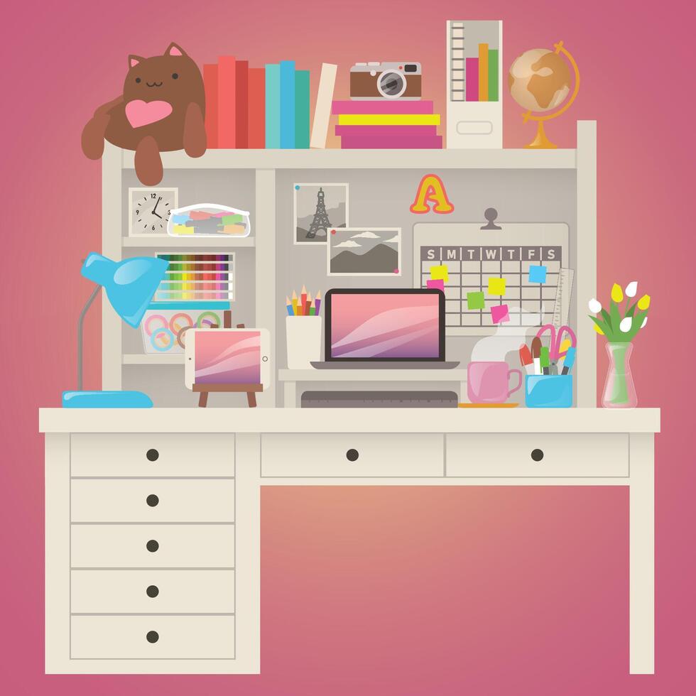 Illustration of aesthetic desk. Ideal organized workspace for creative work graphic design. Setup for freelancer coffee lover home office. Cute pretty girly pink. Flat colors vector