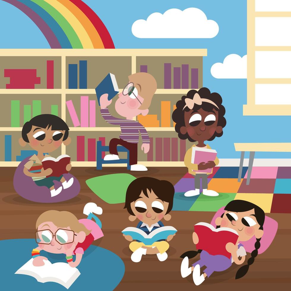 Colorful cartoon illustration of children at a library. Multiracial kids reading books having fun. Flat colors vector