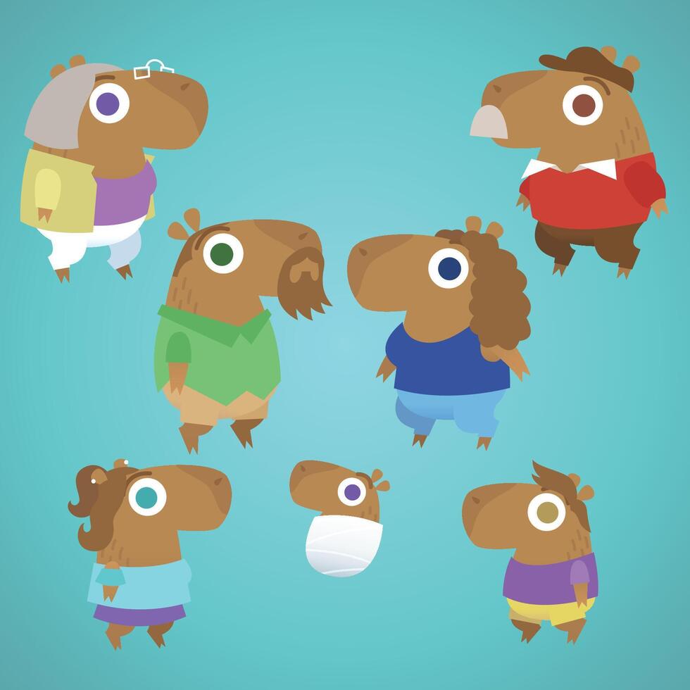 Cute capybara family set. Funny amusing capibara dad, mom, son, daughter, baby, grandpa, grandma. Adorable animals. Cartoon flat illustration on flat green background vector