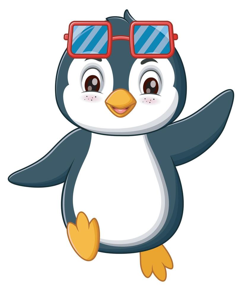Smiling penguin in red sunglasses waving, suitable for children books, summer themed designs, greeting cards, and social media posts vector