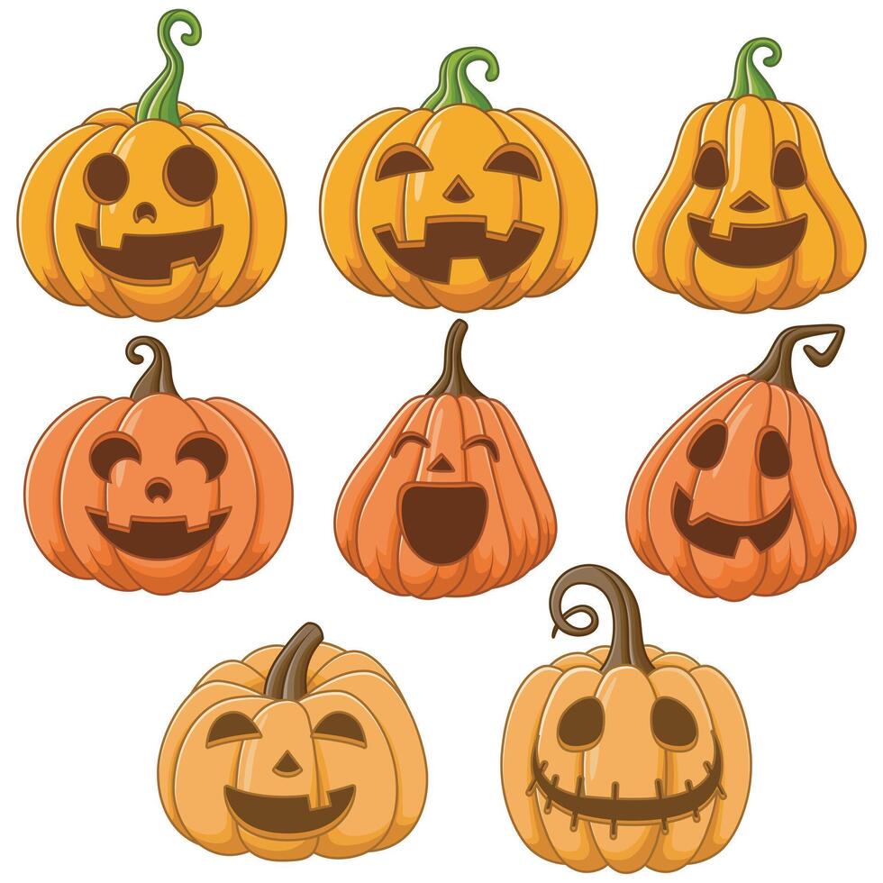 Eight carved pumpkins with various expressions, perfect for Halloween designs, seasonal decorations, greeting cards, and social media posts vector