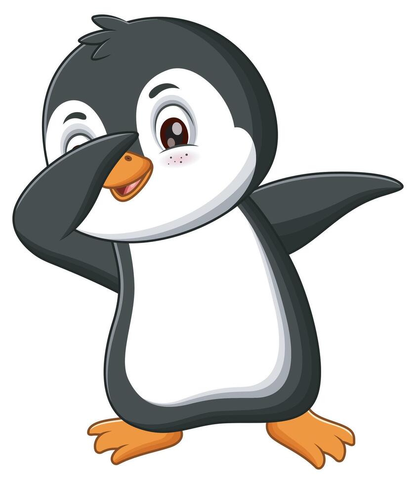 Cute penguin dabbing with orange feet and a happy expression. Suitable for children books, winter themed designs, and greeting cards vector