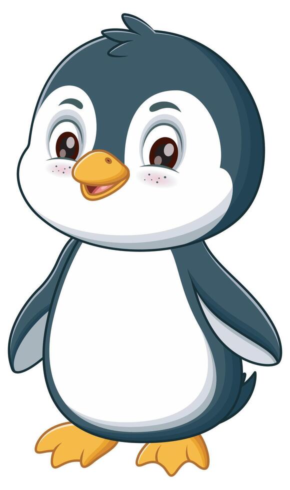 Cute cartoon penguin illustration. perfect for children books, greeting cards, and winter themed designs. Smiling with big eyes and orange feet vector