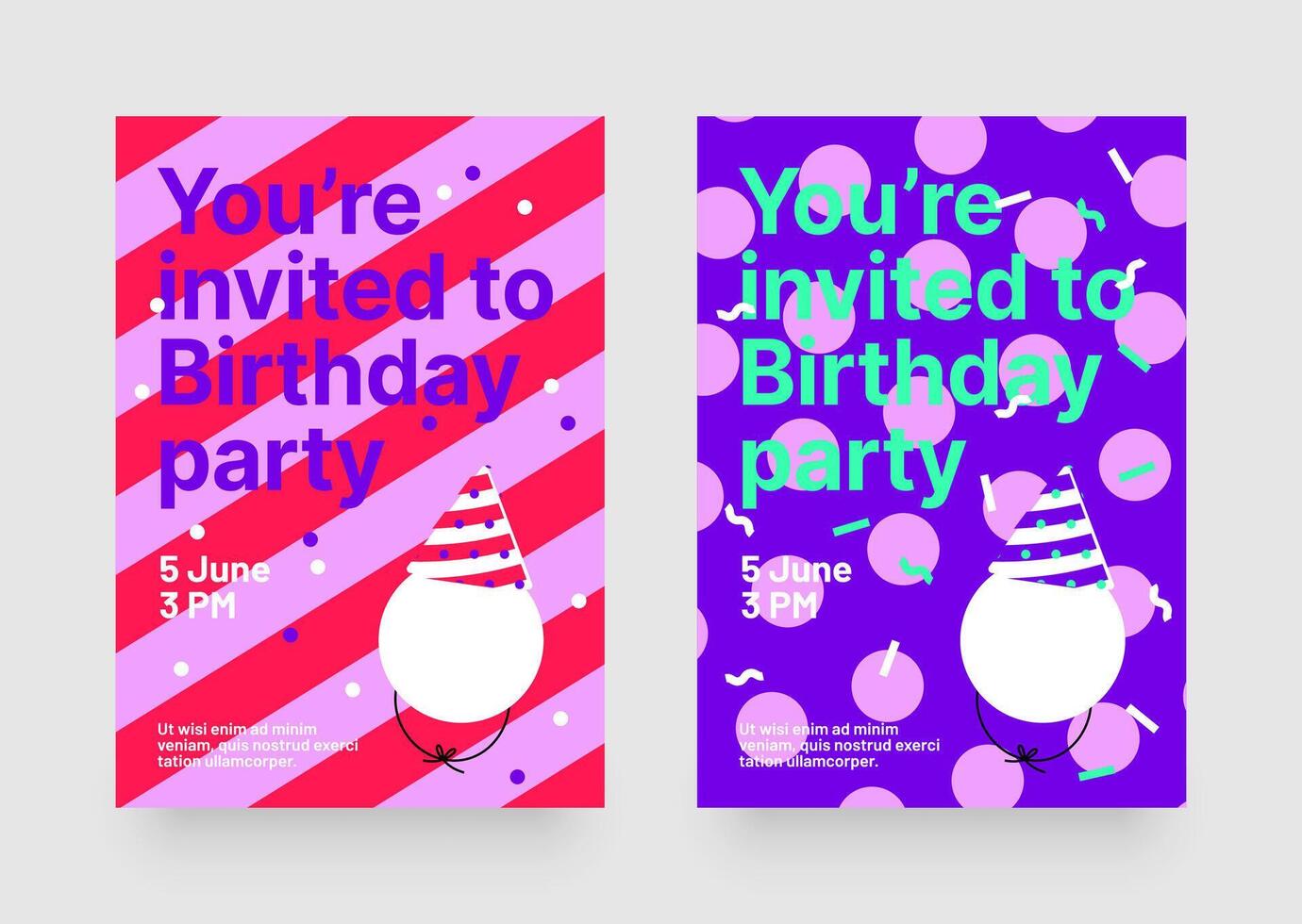 Vibrant birthday party invitations with place for your photo, party hats, and festive backgrounds. Design for flyer, poster, cover, brochure or banner. vector