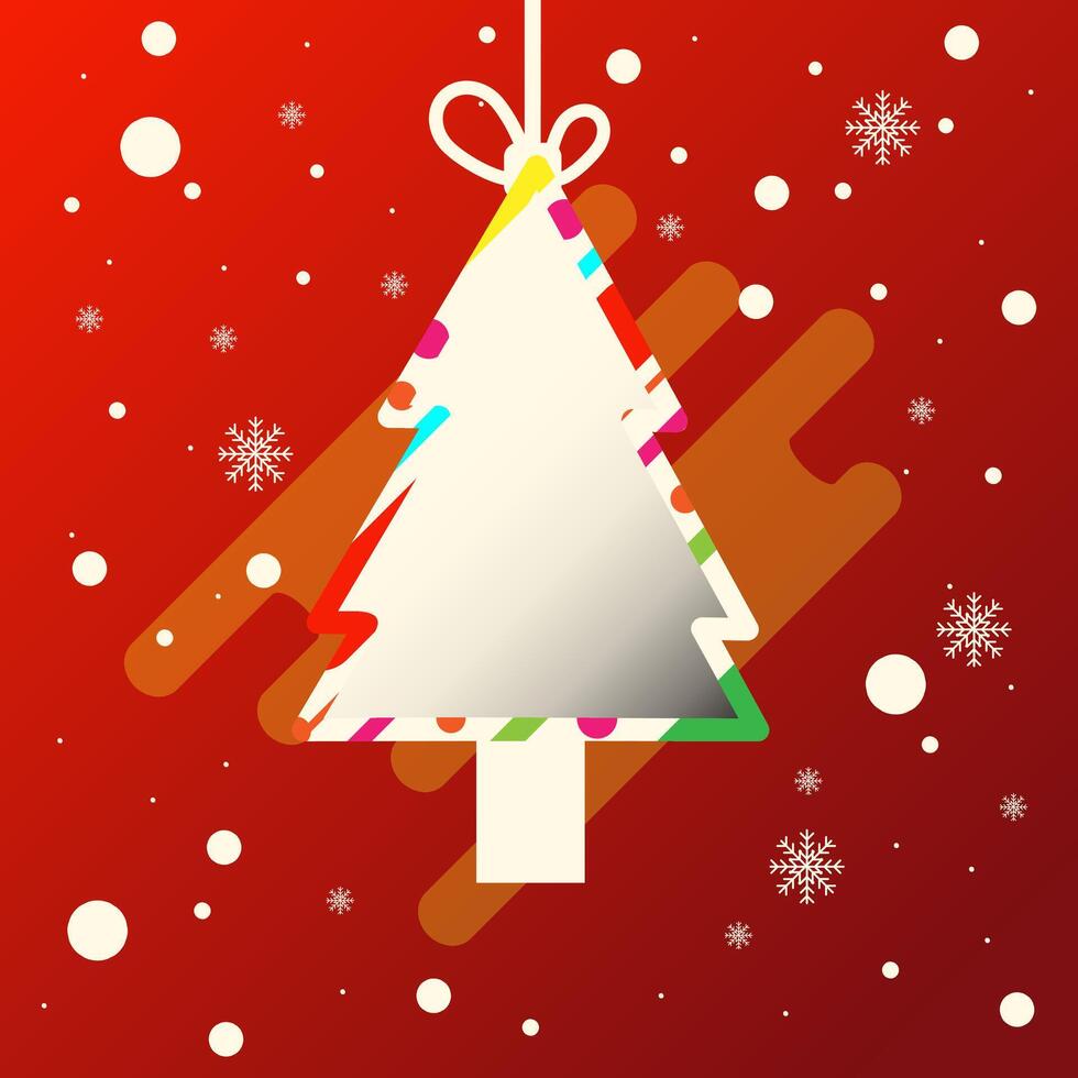 Merry Christmas greeting card, Christmas tree ribbon, bow, and snow, star banner flat design illustration vector