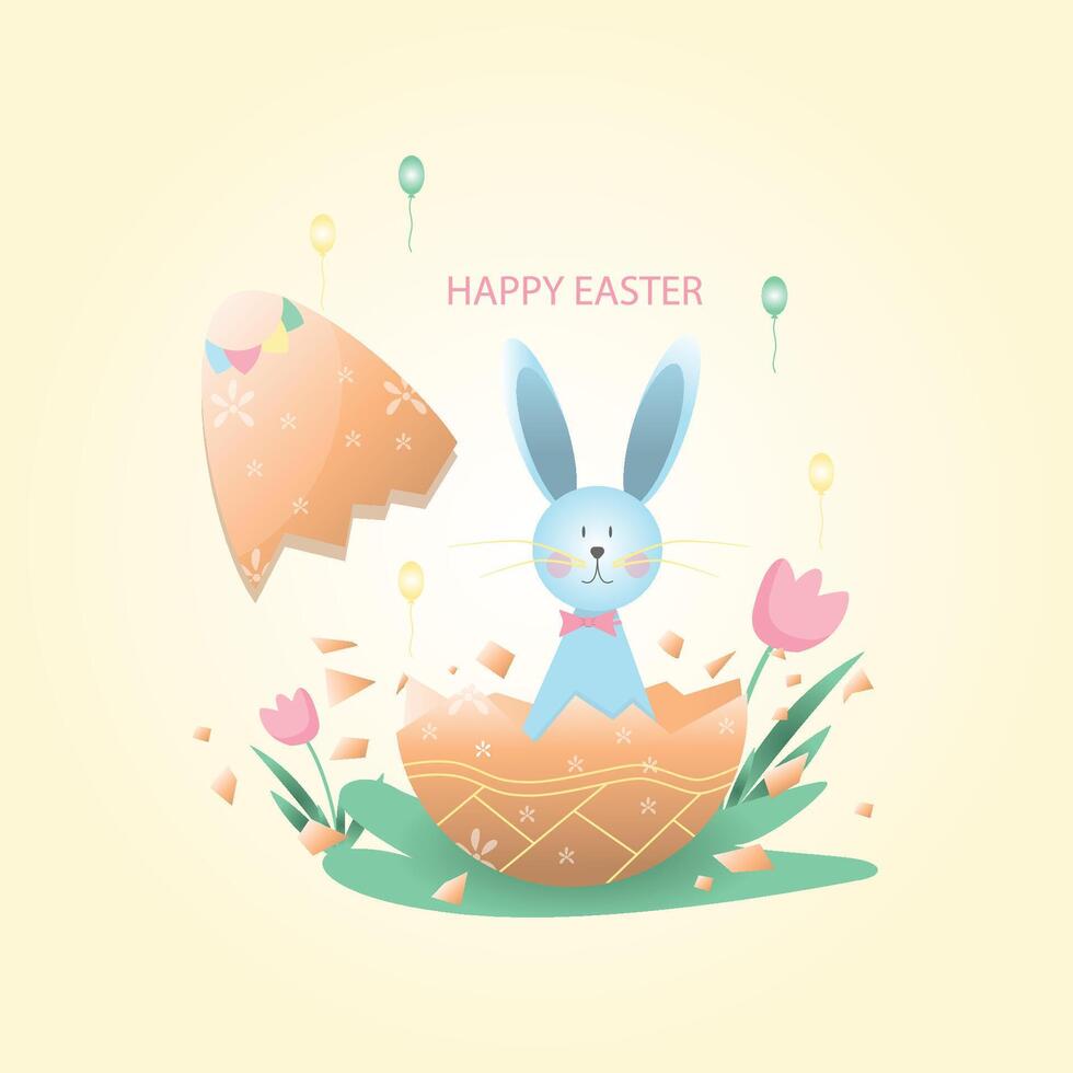 easter card with bunny flat design illustration, happy EASTER Concept. vector