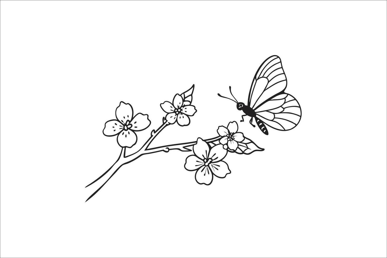 A branch adorned with blossoming cherry blossoms and a fluttering butterfly coloring book pages for children and adults, black and white background vector