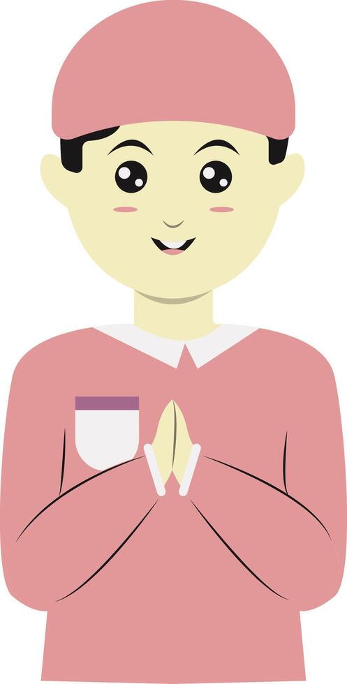 Muslim Greeting Pose Eid Mubarak Character with Both Hand. vector