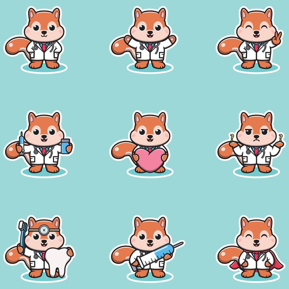 illustration of Cute Character Cartoon of Squirrel Doctor. Squirrel character different poses illustration. Flat Cartoon Style. Animal Health Concept. vector