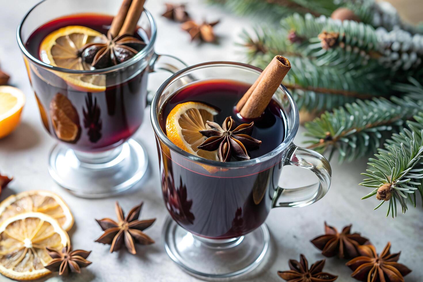 Mulled wine on Christmas Eve with fir branches photo