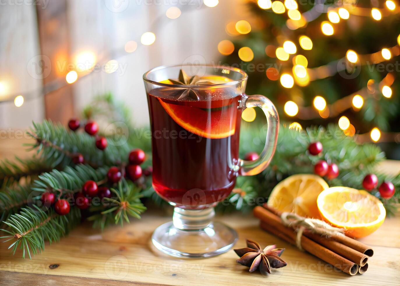 Mulled wine on Christmas Eve with fir branches photo