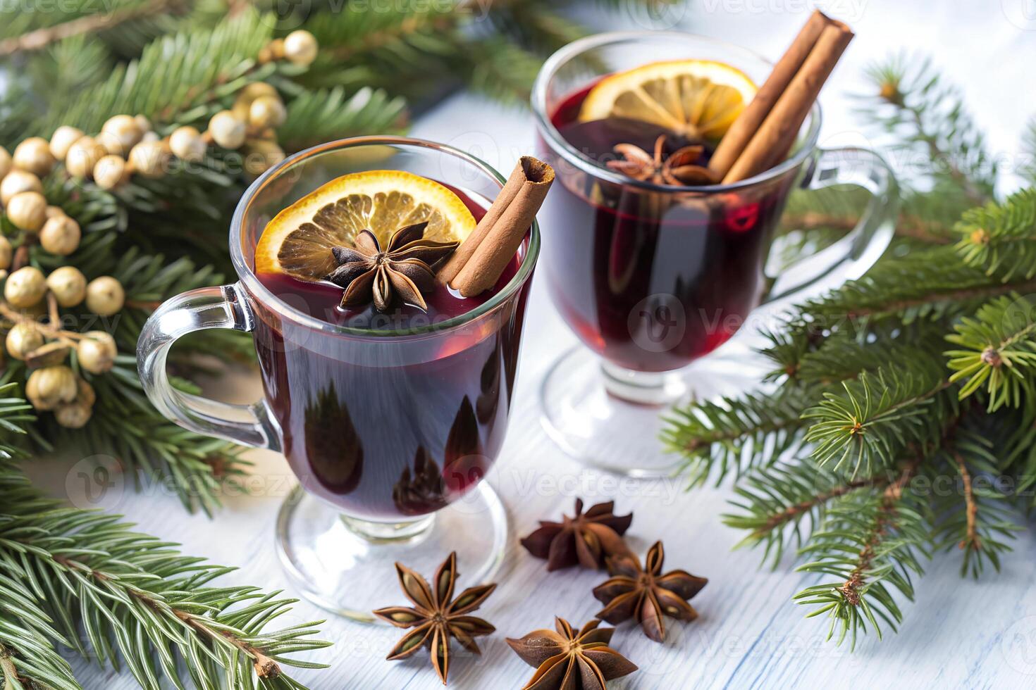 Mulled wine on Christmas Eve with fir branches photo