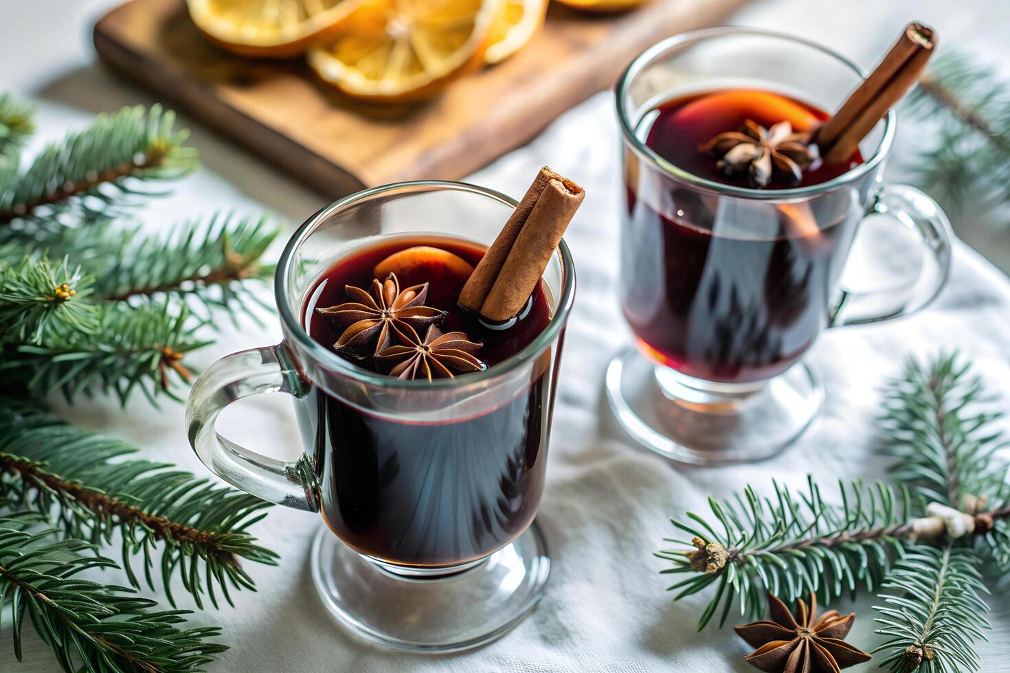 Mulled wine on Christmas Eve with fir branches photo