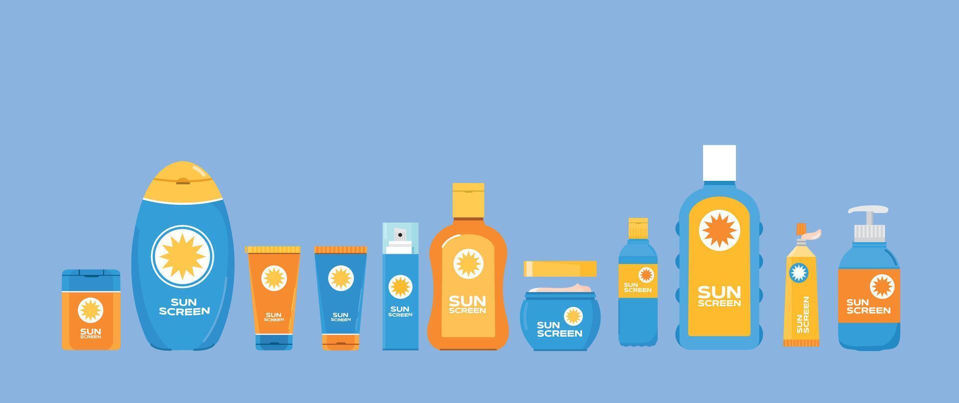 sunscreen bottle icon set. Flat illustration of body protection cream icon. suitable for poster and web design use vector