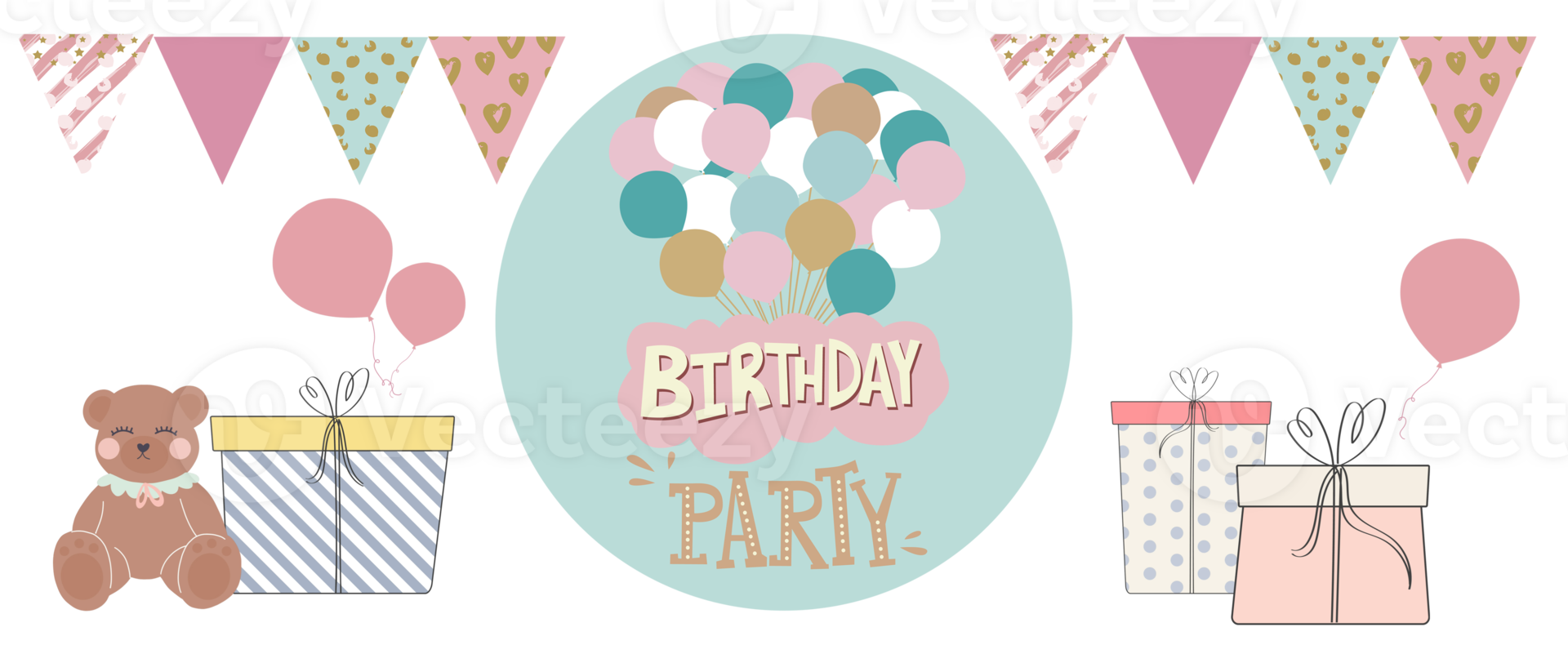 Happy Birthday horizontally illustration. Teddy bear, gift boxes. Holiday sublimation. png