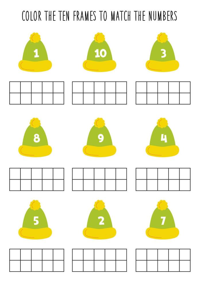 Color ten frames according to the number on green winter caps. Math worksheet for kids. vector