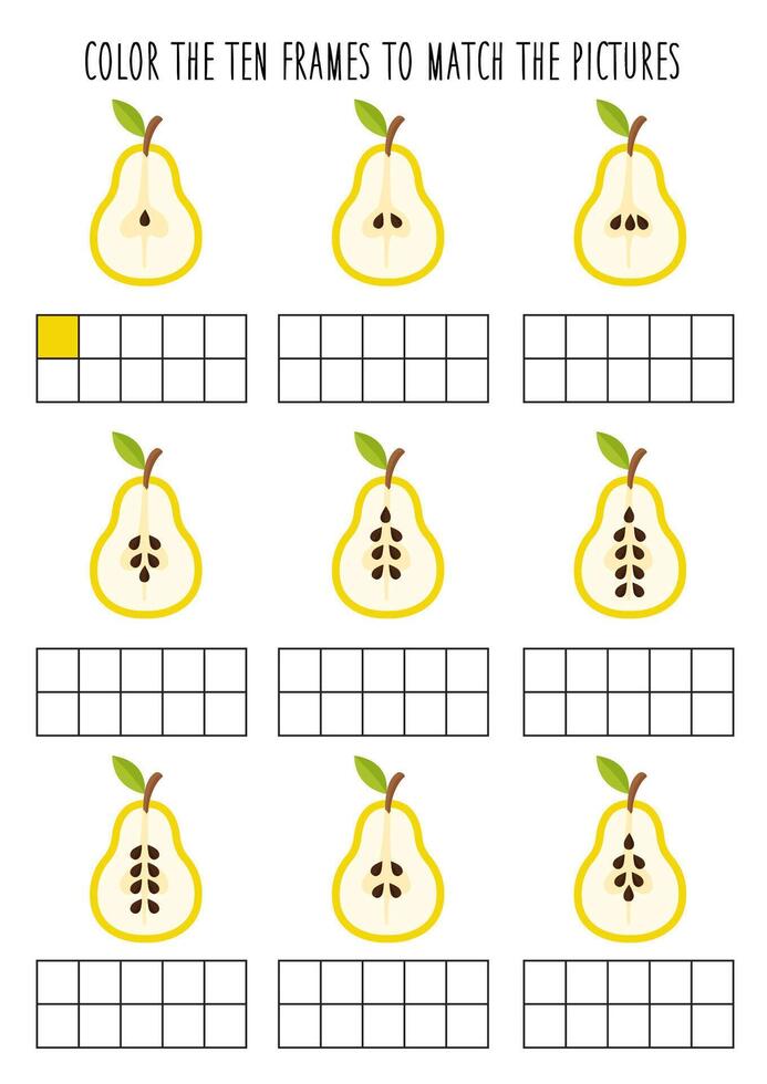 Color ten frames according to number of seeds on pears. Math worksheet for kids. vector