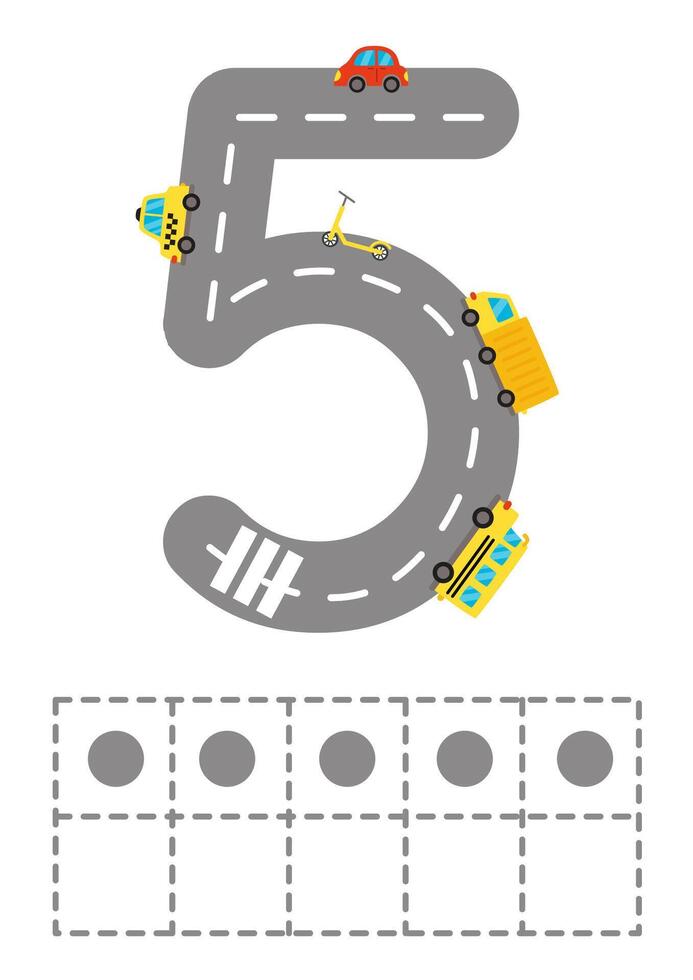 Worksheet for kids. Road numbers for kids. Ten frame number 5. vector
