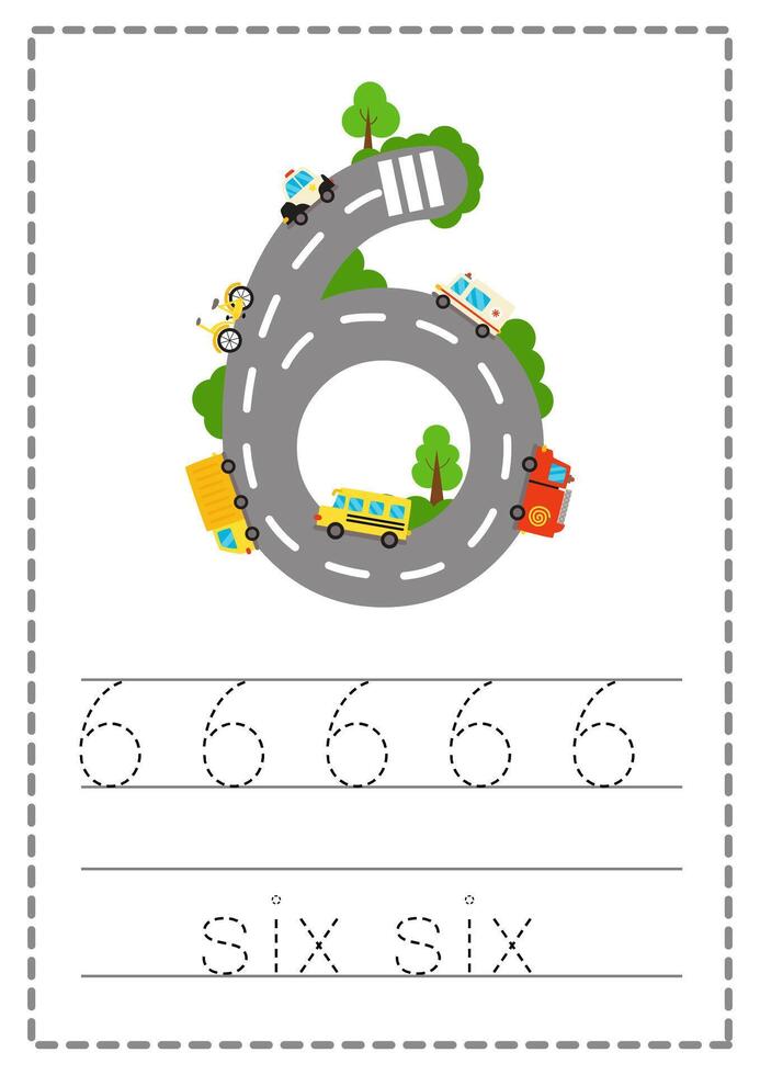 Worksheet for kids. Road numbers for kids. Tracing Number 6. vector