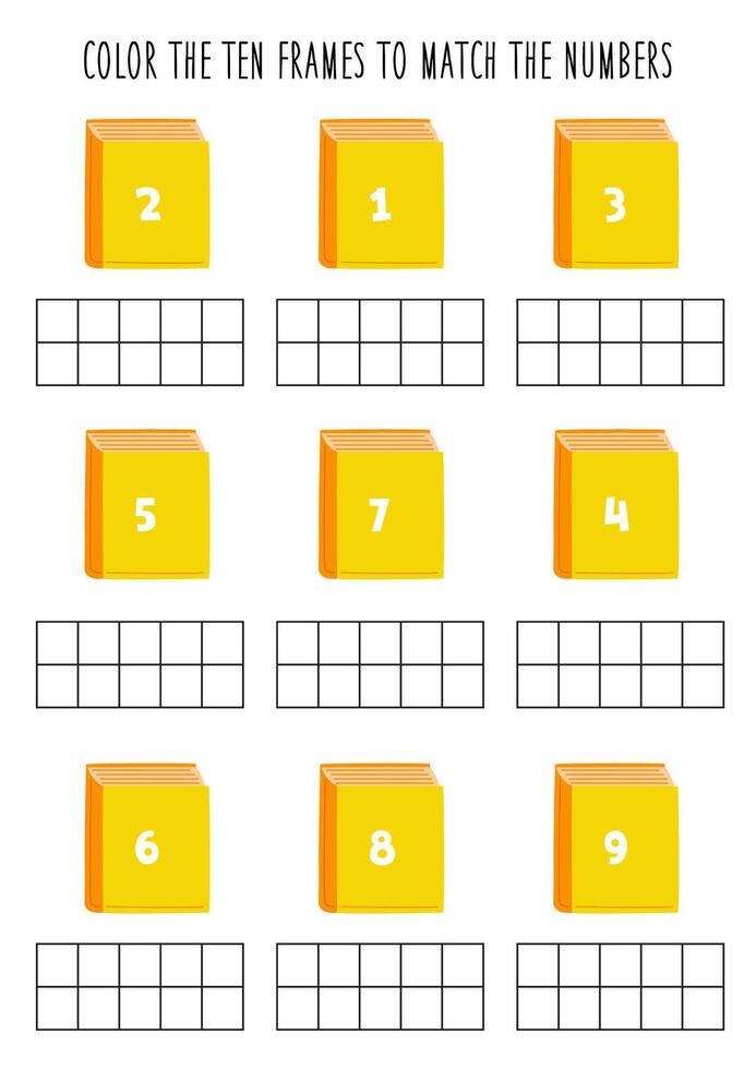 Color ten frames according to the number on yellow books. Math worksheet for kids. vector