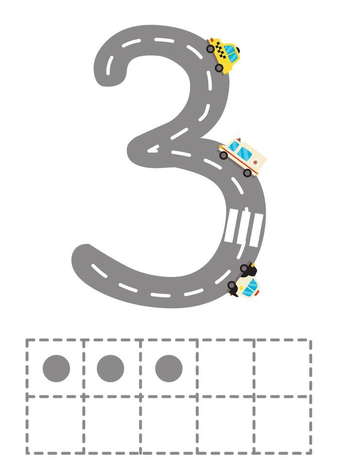Worksheet for kids. Road numbers for kids. Ten frame with Number 3. vector