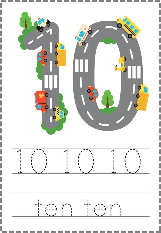 Worksheet for kids. Road numbers for kids. Tracing Number 10. vector